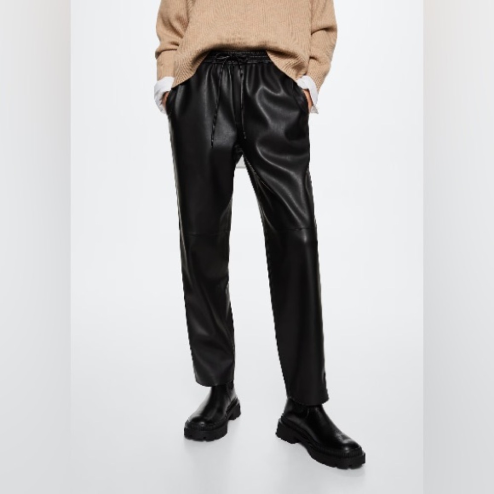 MANGO Leather-Effect Elastic Waist Trousers Pants Size S